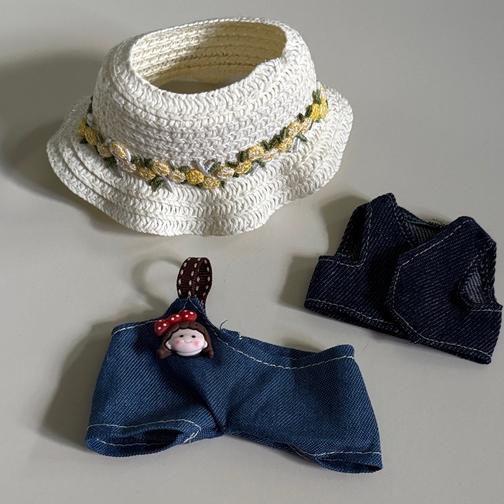 Labubu Outfit Set 3 Pieces Crochet Sun Hat Denim Vest Jeans Bottom Shorts Garden